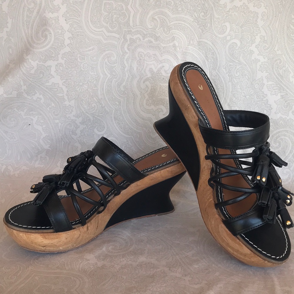 Anthropology Leifdotter platform wedge sandals leather and wood 38.5, US 8